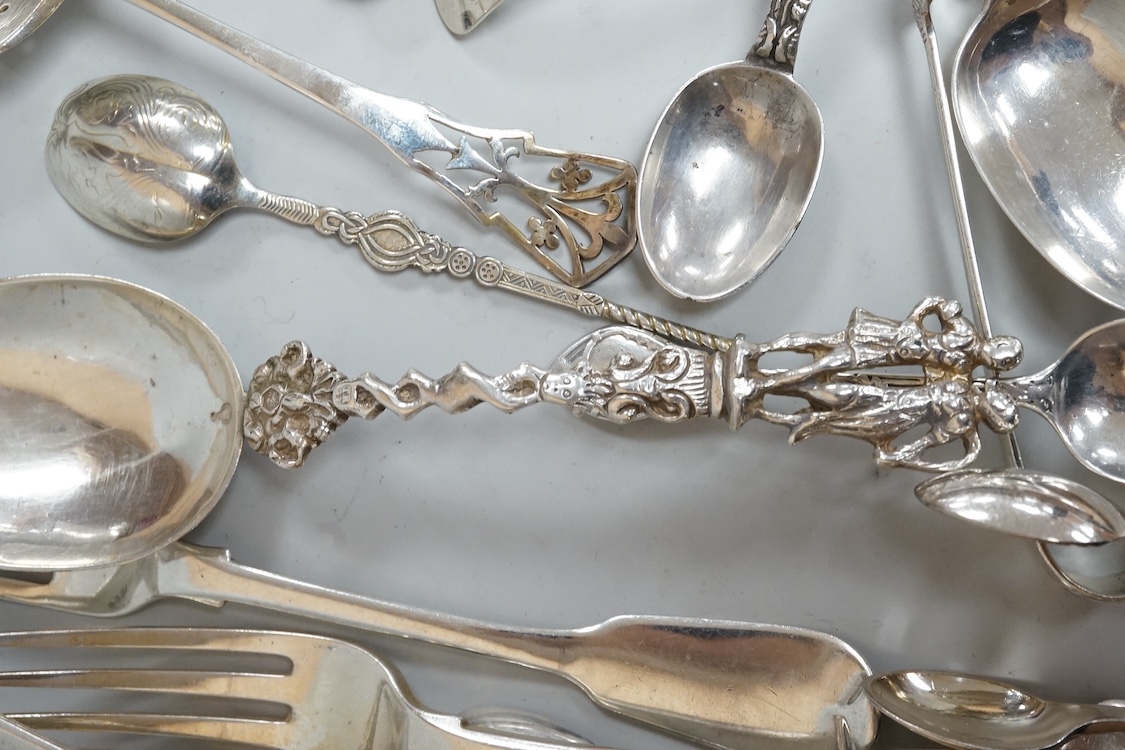 A small group of assorted mainly 20th century silver flatware, including teaspoons, replica spoons, dessert forks, sifter spoon, tea strainer, condiment spoons, Dutch white metal spoons, etc, various dates and makers, 17
